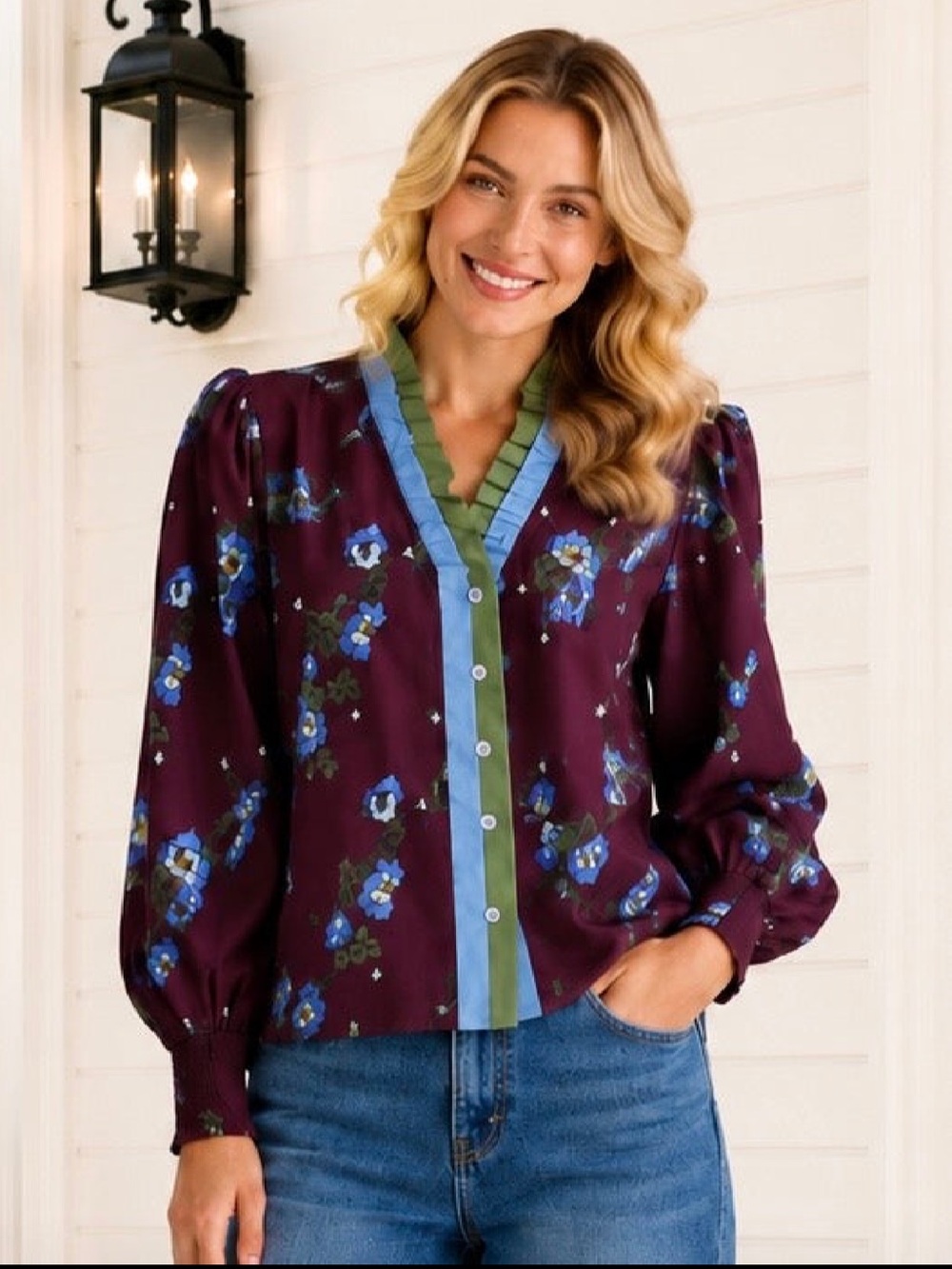 Umgee Margot Abstract Ruffle Blouse in Eggplant Mix (Multiple Sizes)